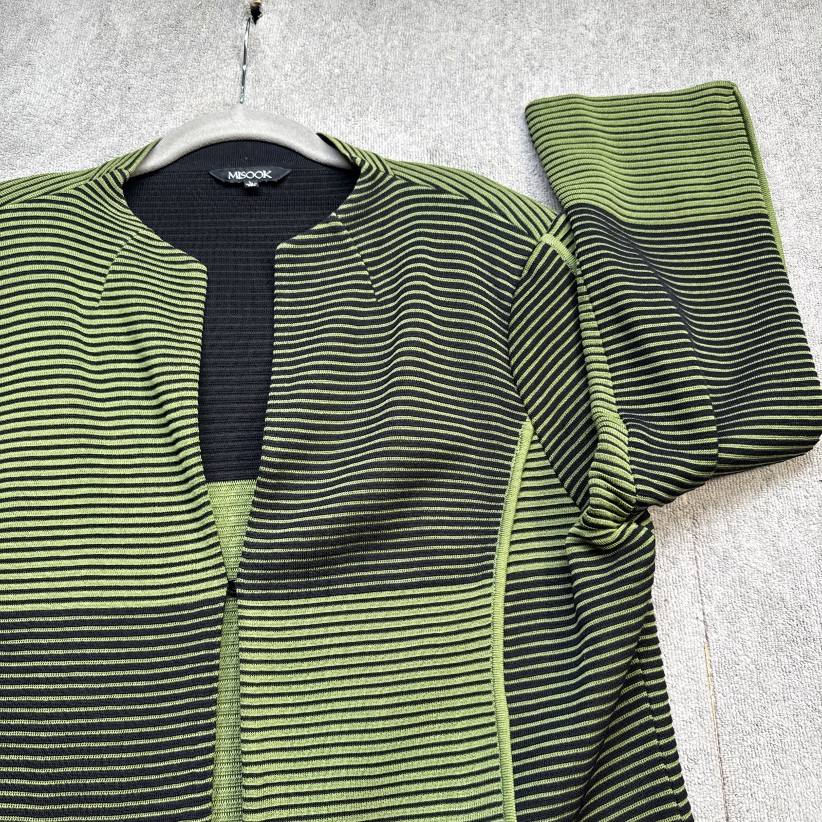 Misook Green Black Striped Knit Jacket Open Front Lightweight Women's Large
